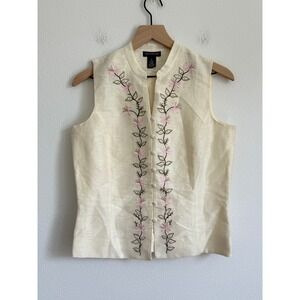 Ann Taylor Embroidered Linen Silk Top Ivory Floral Soft Prep Cottagecore Dreamy
